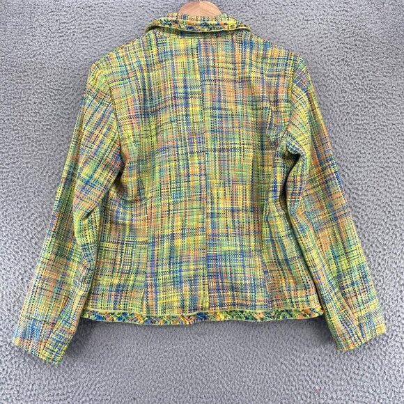 Multiples Blazer Womens Small Green Multi Tweed Plaid Fringe Accent Button Up - Picture 3 of 10